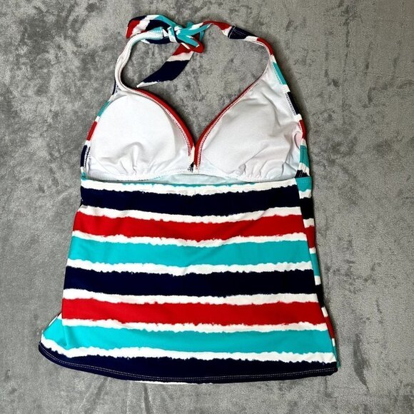 CATALINA Red White Blue Aqua Striped Tankini Swimsuit Halter Top MEDIUM - Picture 4 of 5